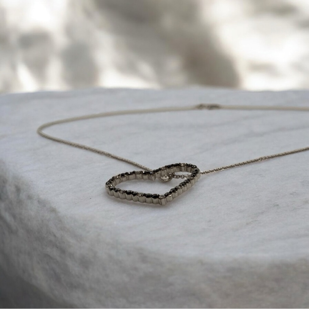 18k White Gold Diamond Heart Pendant Necklace, Milan Italy 750 Gold, 18” Chain - Picture 8 of 14